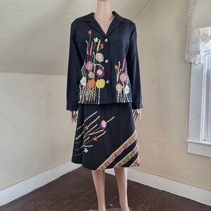 Indigo Moon Embroidered Jacket & Skirt Set Floral Black Linen Blend Women’s L/M